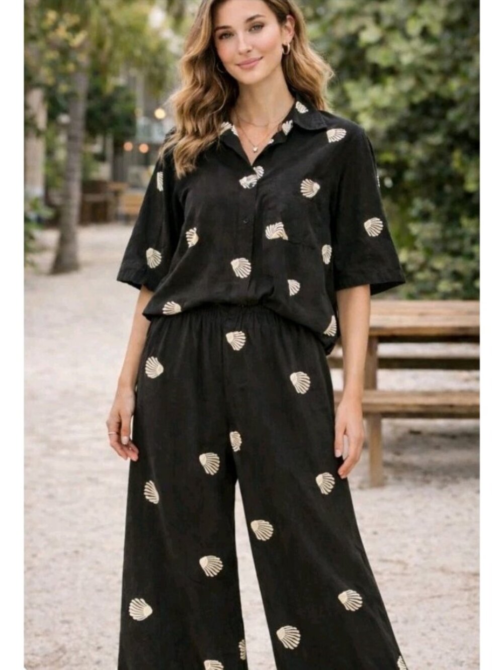 Vtg Gioya Italy Womens 2 Piece Top & Wide Leg Pants Embroidered Beachy S/M Black